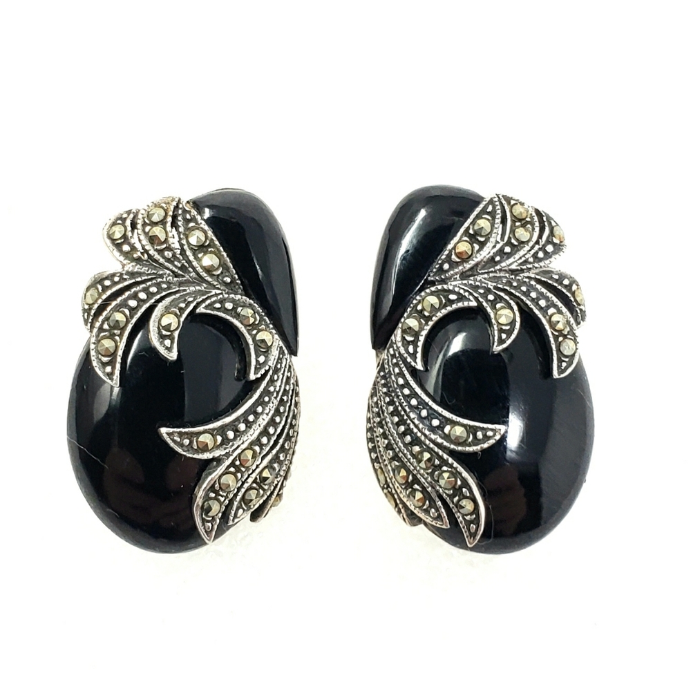 Vintage Onyx Sterling Marcasite Stud Earrings